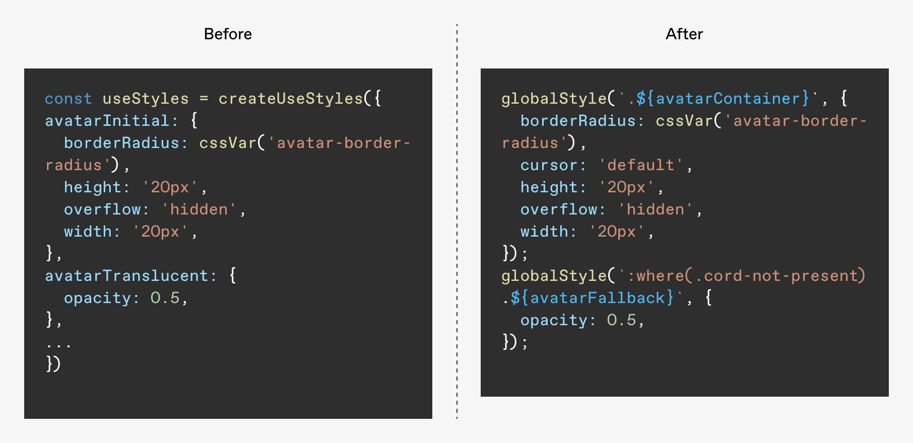 css code showing a comparison between JSS and Vanilla Extract