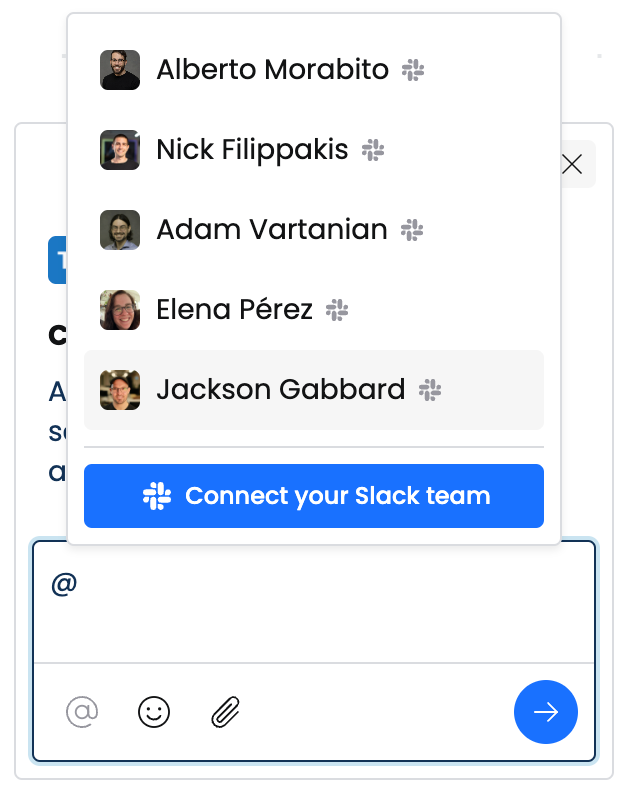 A Cord chat composer with the user mention list containing the "Connect your Slack team" button