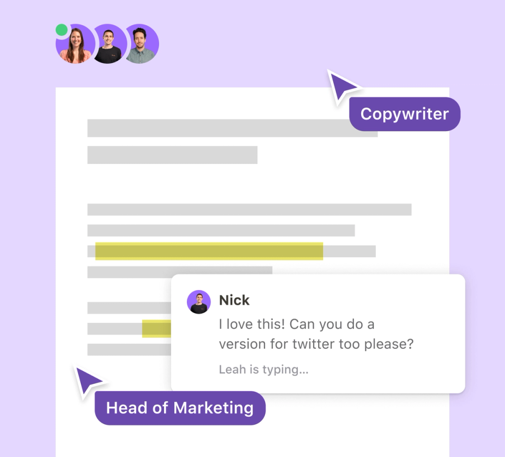 Multiple users are collaborating in a document, demonstrated by live cursors and avatars. The live cursors are labelled, showing the Head of Marketing and a Copywriter working together to edit a document.