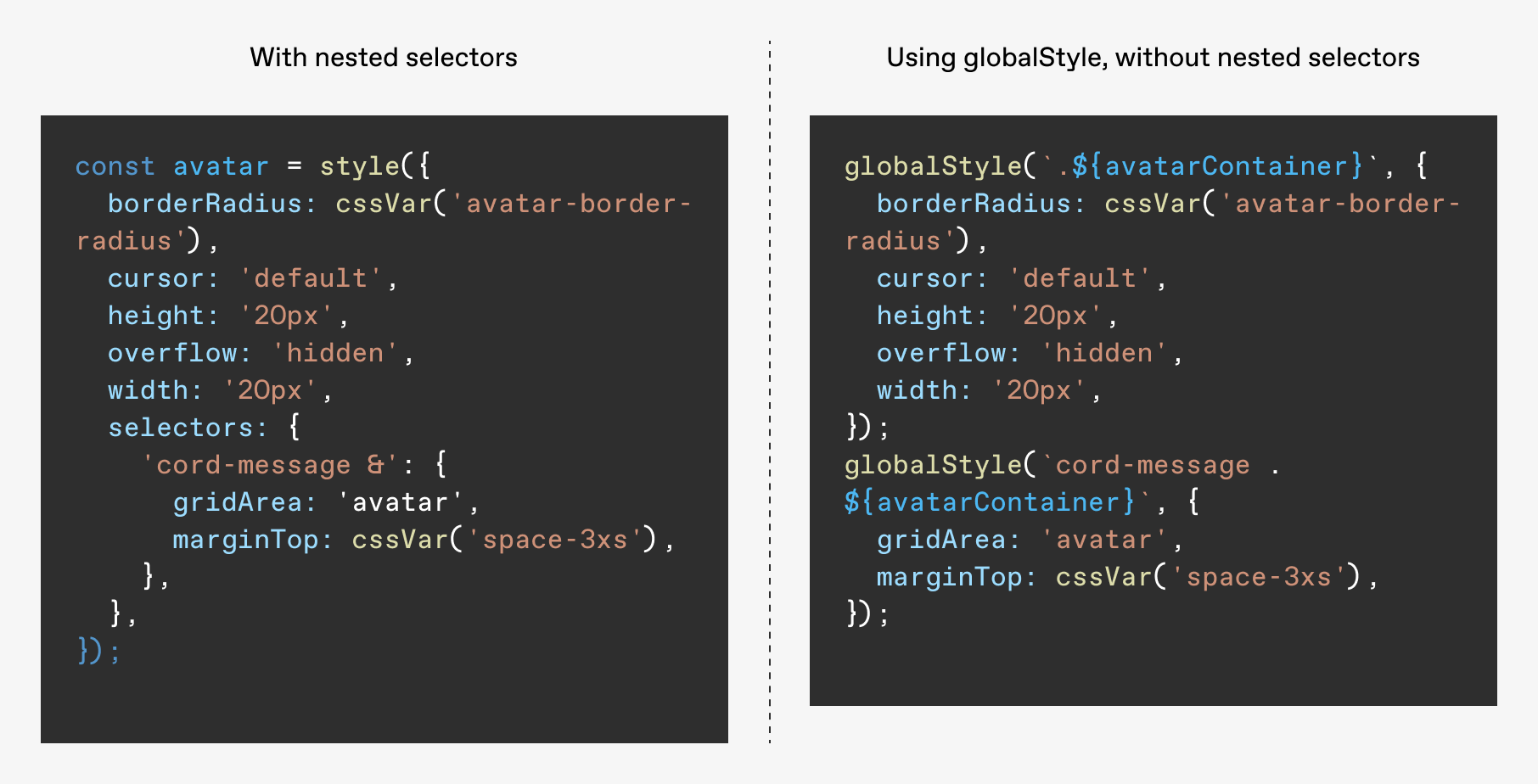 css code showing a comparison between nested selectors and using globalStyle, without nested selectors