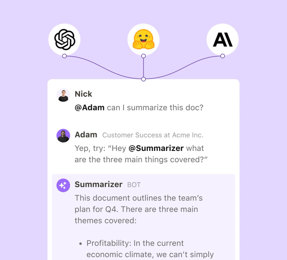 A chat interface shows one user asking an AI Assistant to summarize a document. The AI Assistant responds, with a summary of the three main themes covered. The company logo for OpenAI is featured as an example of an LLM that could be used to facilitate this sort of workflow.