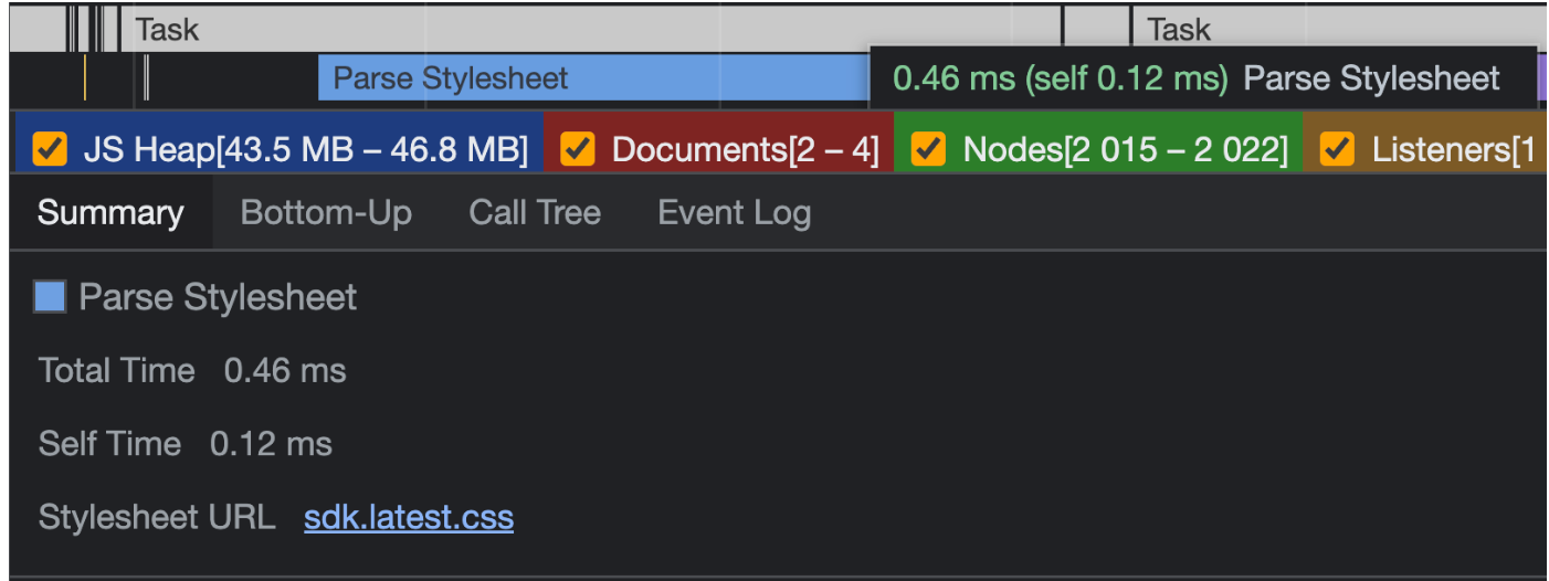 network tab showing load times of stylesheet