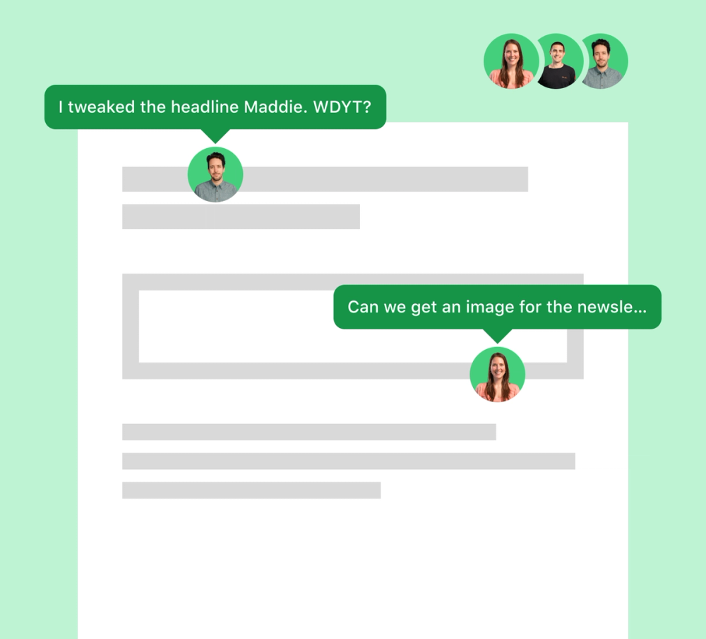 Two marketers - depicted via avatars - collaborate on an email newsletter via an in-app commenting features.