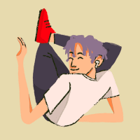 WINTΞR's avatar. A young man with purple hair, red shows, and AirPods smiles and waves with his legs crossed.