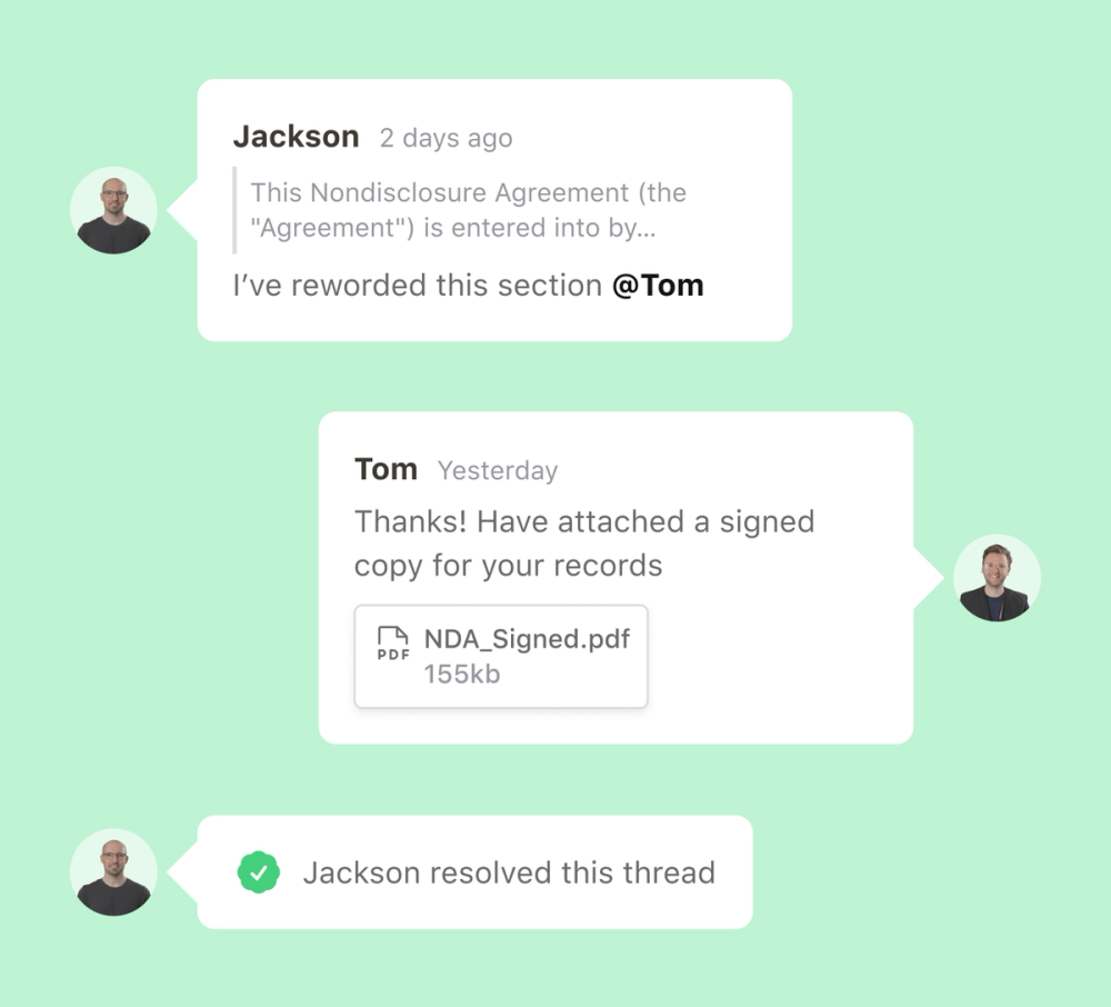 A series of comments shows one person suggesting an edit to an NDA and another person attaching a signed copy of the NDA, before resolving the thread.