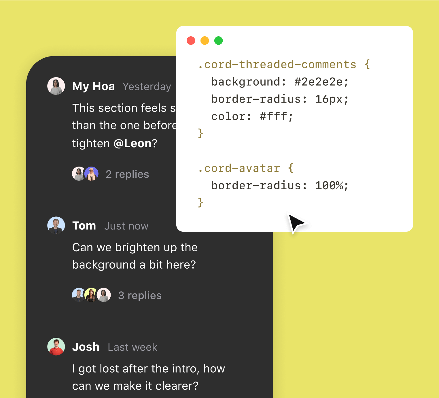 A styled cord thread in dark mode, with the css showing how its customized
