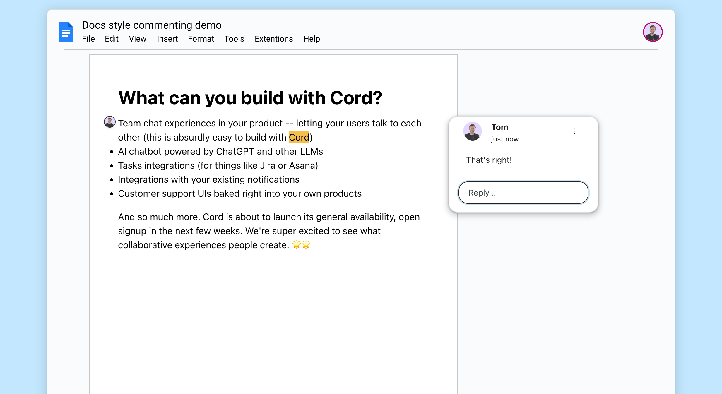Screenshot of using Cord to build a Google docs clone