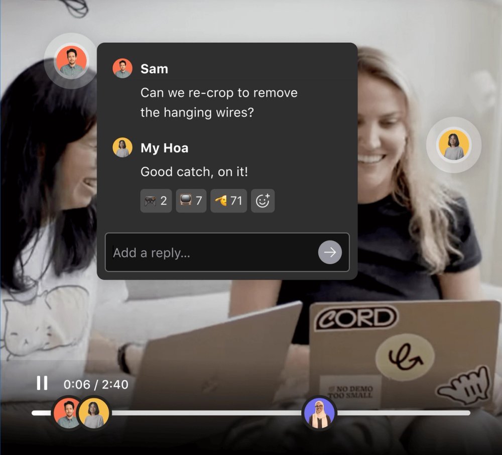 A comment thread shows two people working together to edit a video. Avatars on the video progress bar show where other users have left comments.