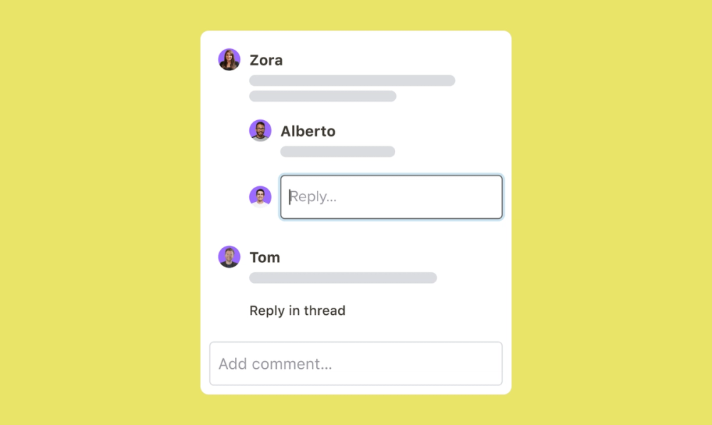 A comment thread between three people, showcasing replies inline and a text composer.