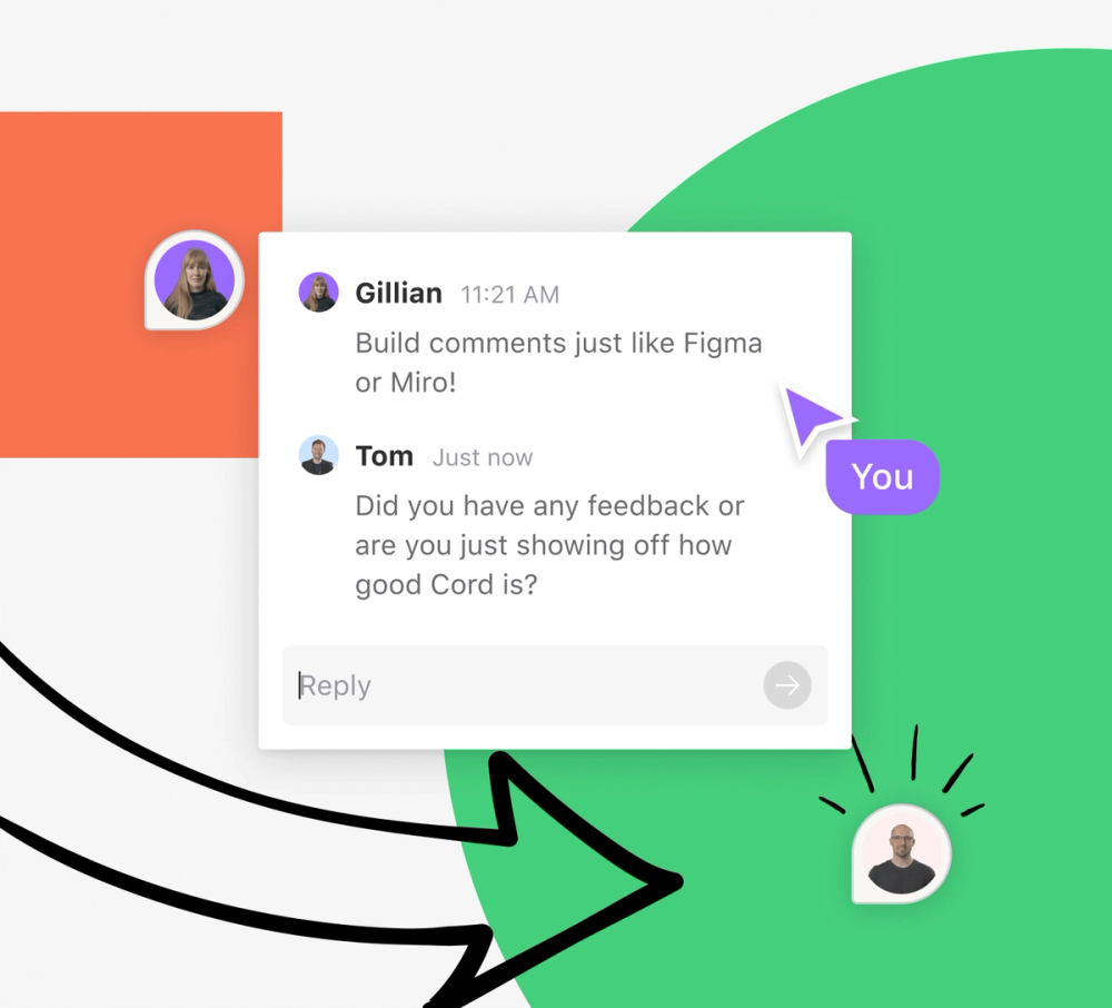 A thread, avatar, and live cursor are combined to show a comment and reply on a whiteboard canvas.